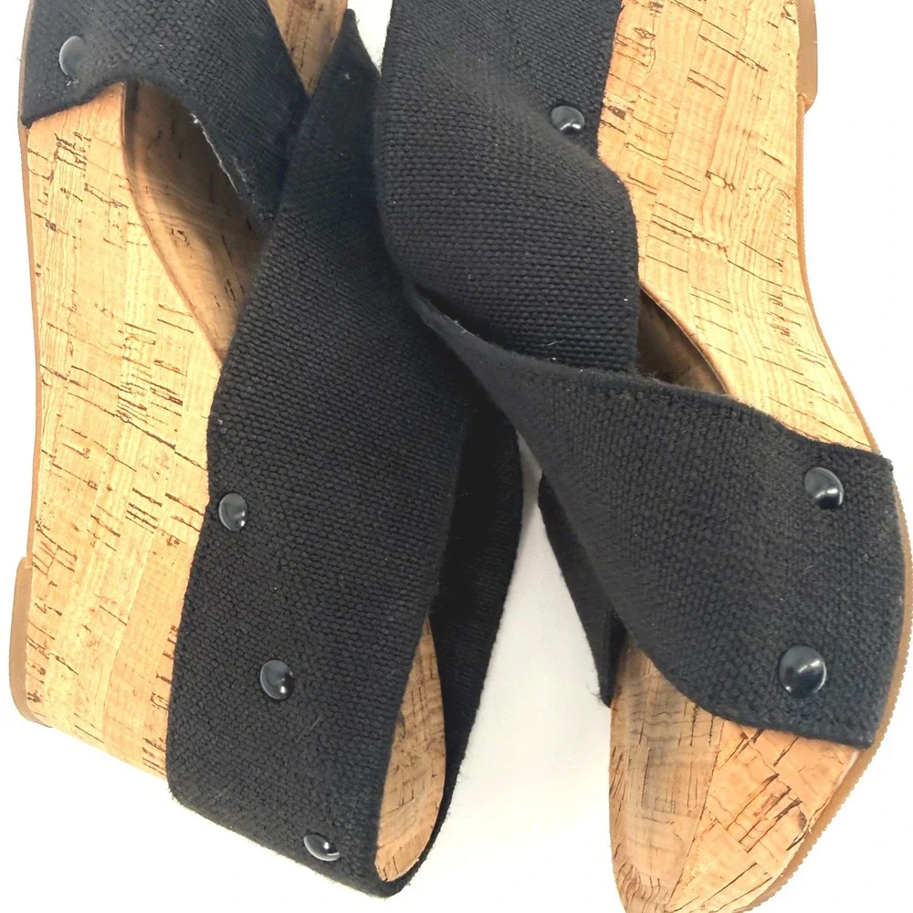 Lucky Brand Miller Black Canvas Cork Wedge‎ Sandals Platform Slides 6.5M